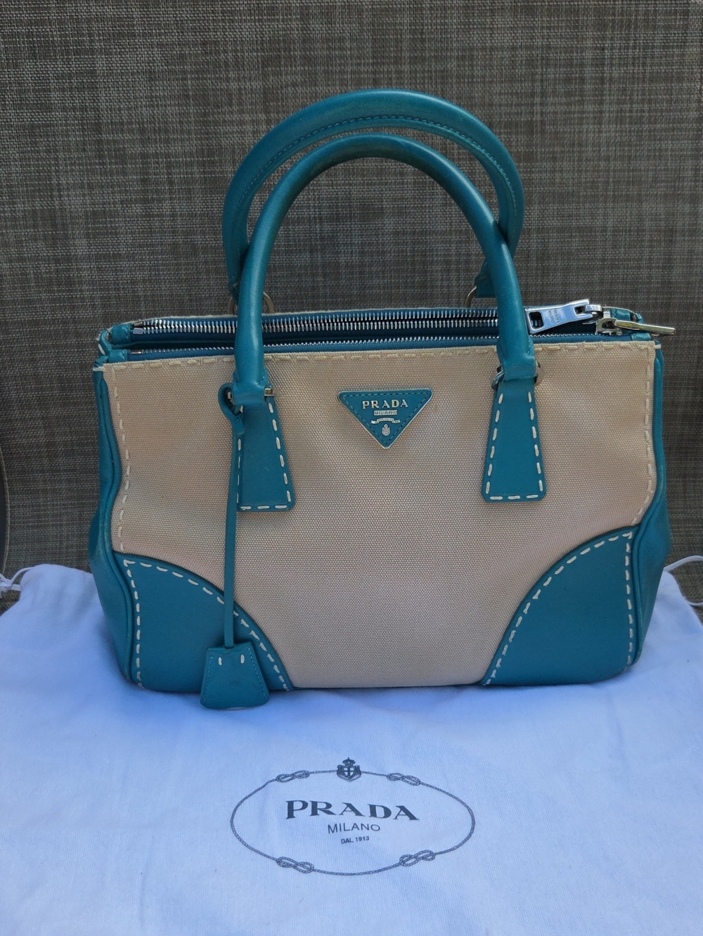 Prada Beige and Teal Top-Handle Tote